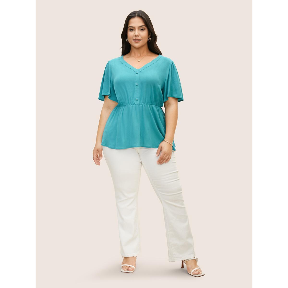 Plus Size Teal Rayon Button Detail Ruffle Sleeve Blouse Women Elegant Short sleeve V-neck Everyday Blouses BloomChic 14-16/1X Product Image