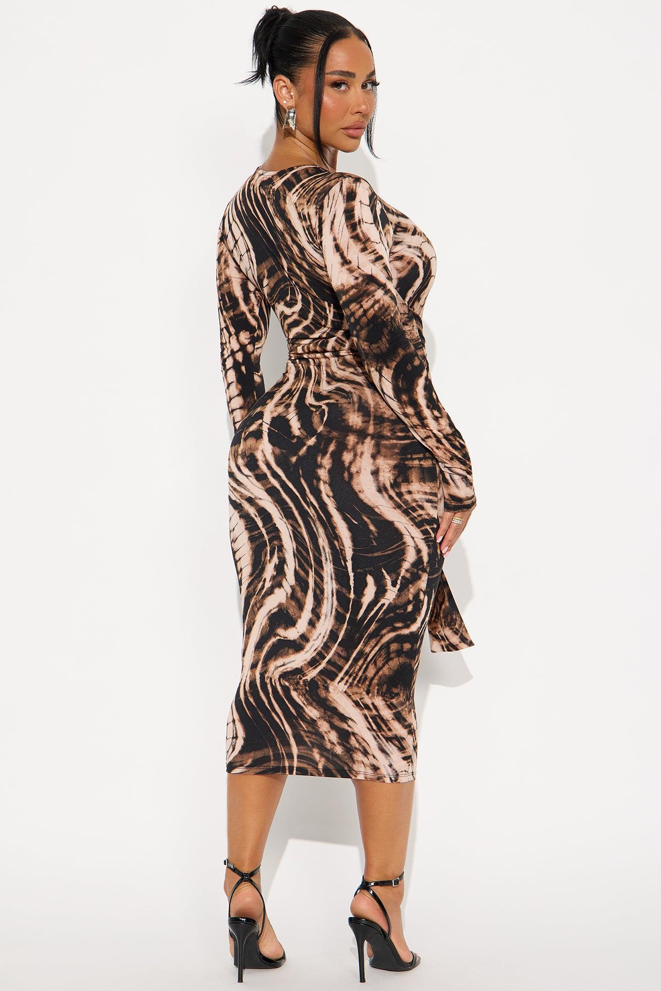 Lizzy Printed Long Sleeve Midi Dress - Brown/combo Product Image