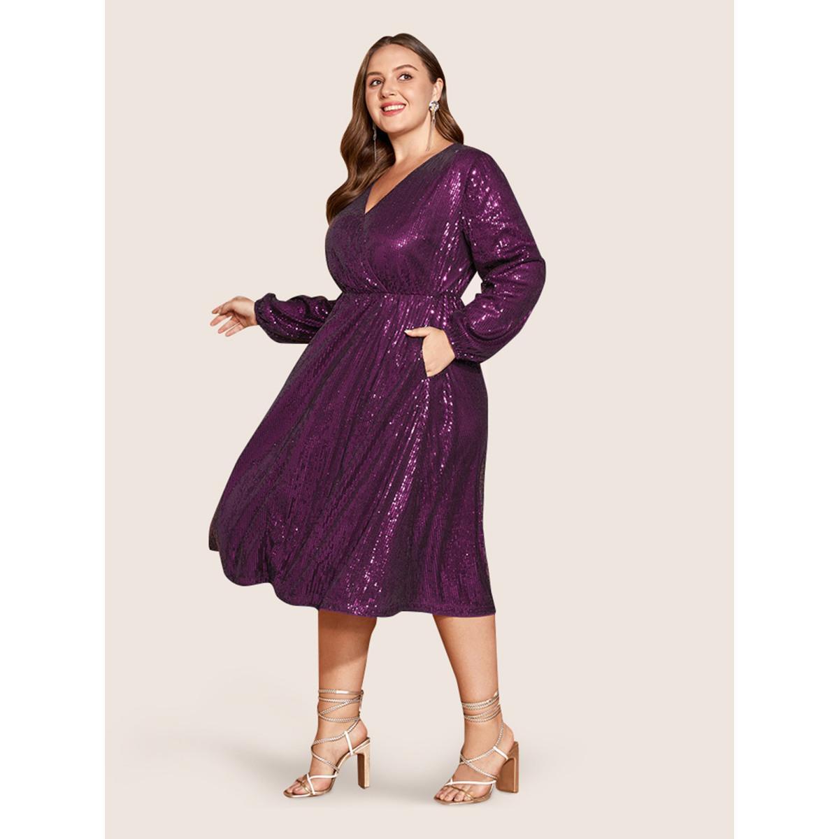 Plus Size Solid Pocket Lantern Sleeve Wrap Sequin Dress Deeppurplered Women Party Pocket Overlap Collar Long Sleeve Curvy Midi Dress BloomChic 10/M Product Image
