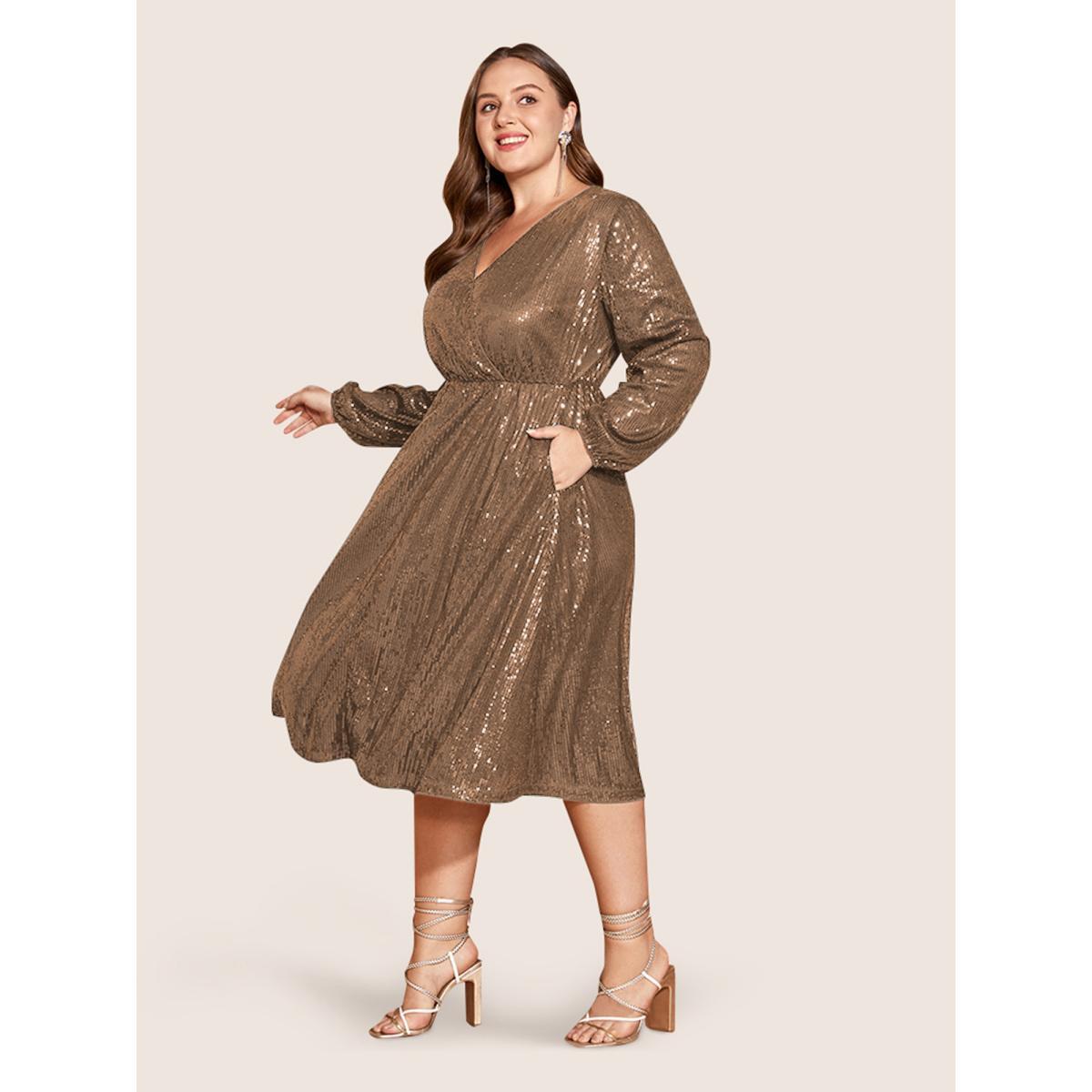 Plus Size Solid Pocket Lantern Sleeve Wrap Sequin Dress Bronze Women Party Pocket Overlap Collar Long Sleeve Curvy Midi Dress BloomChic 14-16/1X Product Image