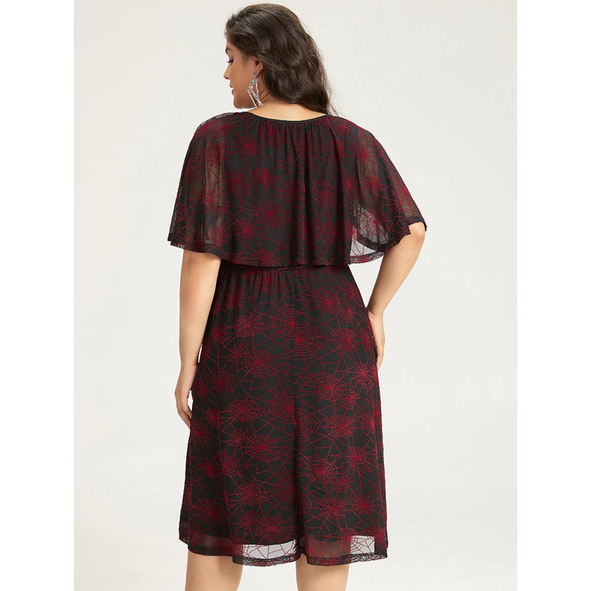 Plus Size Halloween Spider Web Pattern Keyhole Dress Black Women Party Gathered Notched collar Half Sleeve Curvy Midi Dress BloomChic 30/6X Product Image