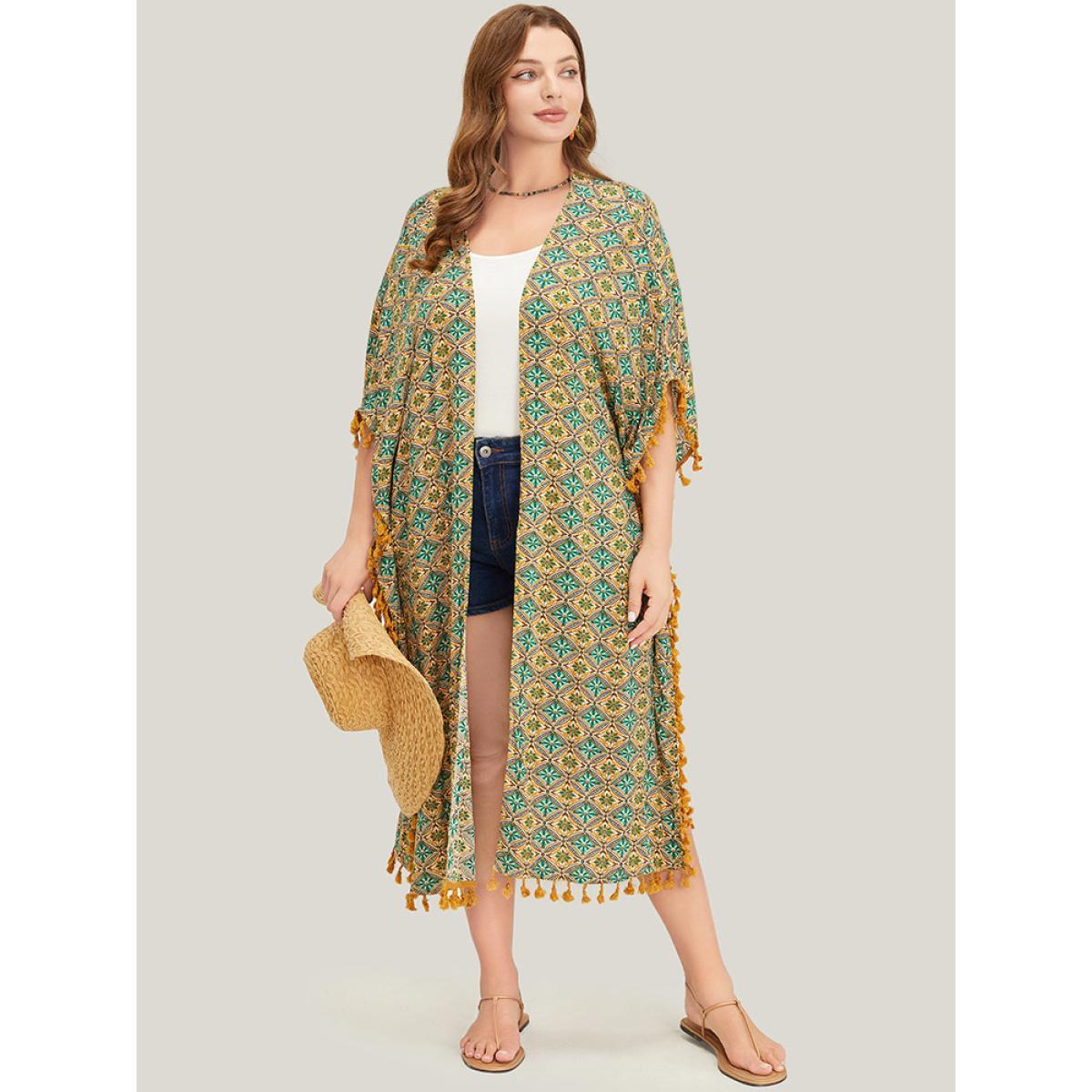 Plus Size Bandana Batwing Sleeve Tassels Trim Split Open Front Kimono Women Mint Vacation Loose Belt Dailywear Kimonos BloomChic 14-16/1X Product Image