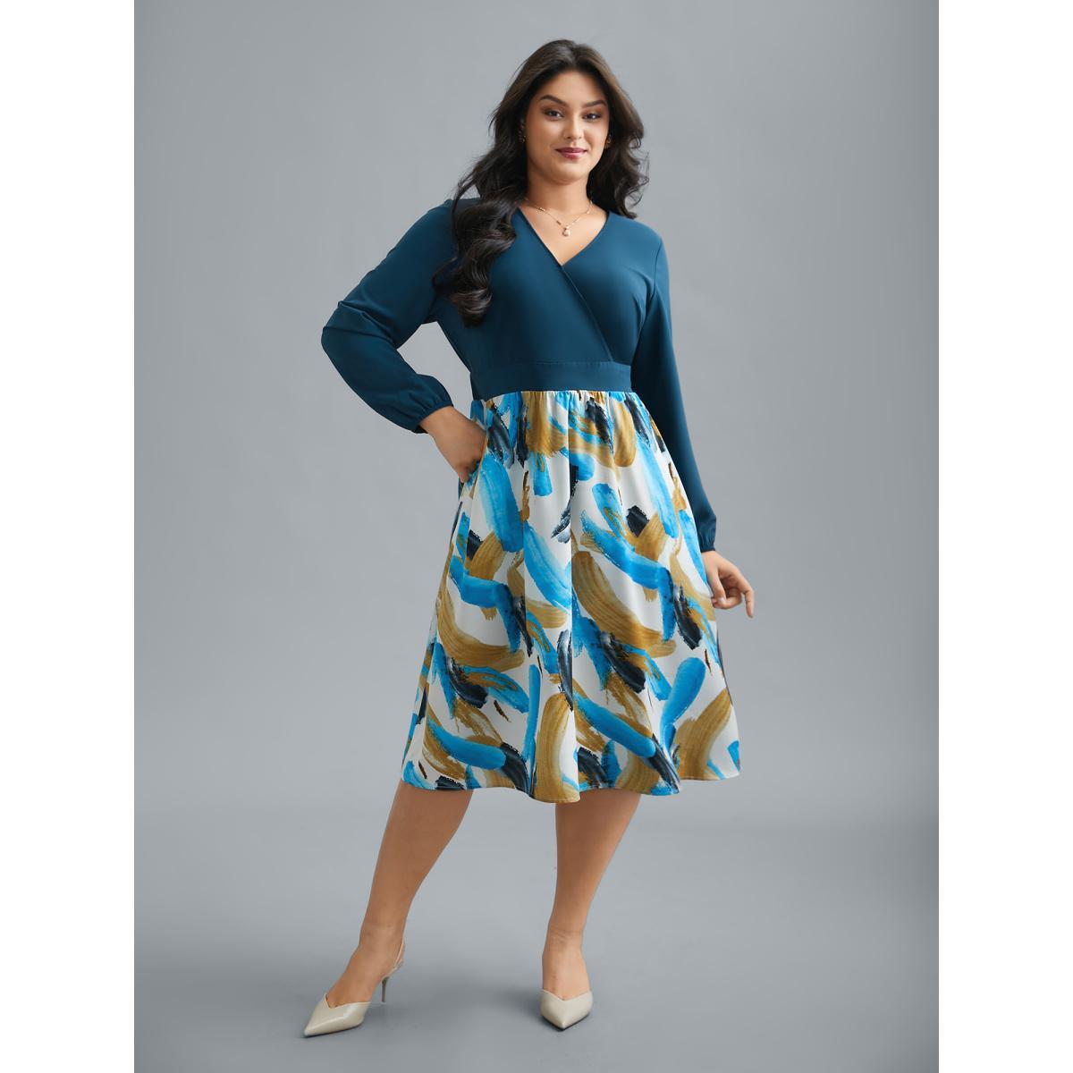 Plus Size Brush Stroke Print Contrast Spliced Dress Aegean Women Elegant Patchwork Overlap Collar Long Sleeve Curvy BloomChic 18-20/2X Product Image