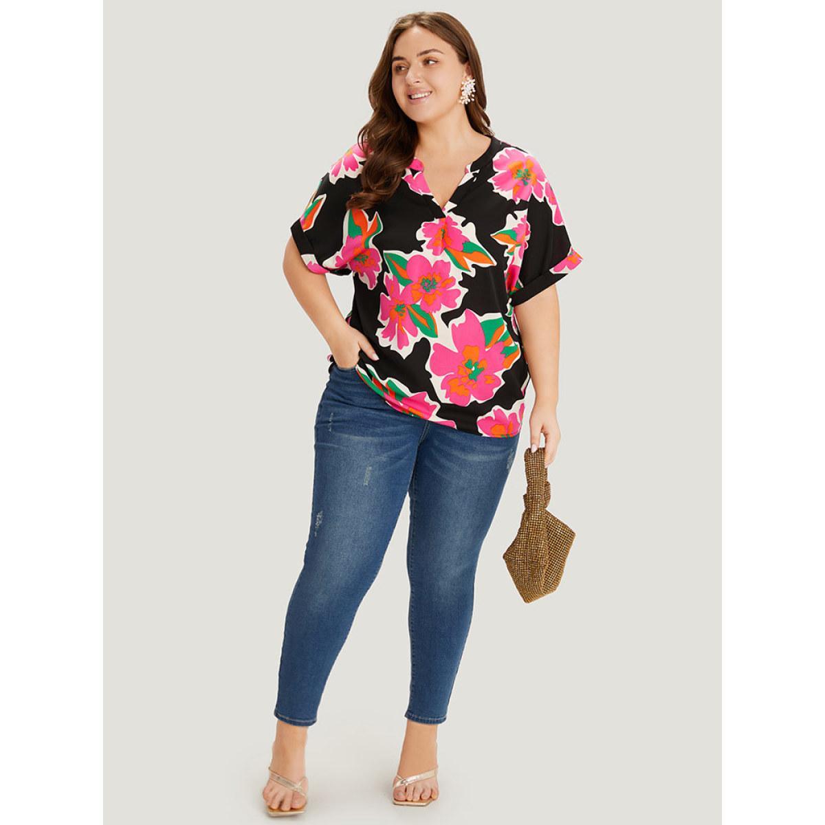 Plus Size Multicolor Floral Print Notched Roll Dolman Sleeve Blouse Women Glamour Short sleeve Notched collar Going out Blouses BloomChic 30/6X Product Image