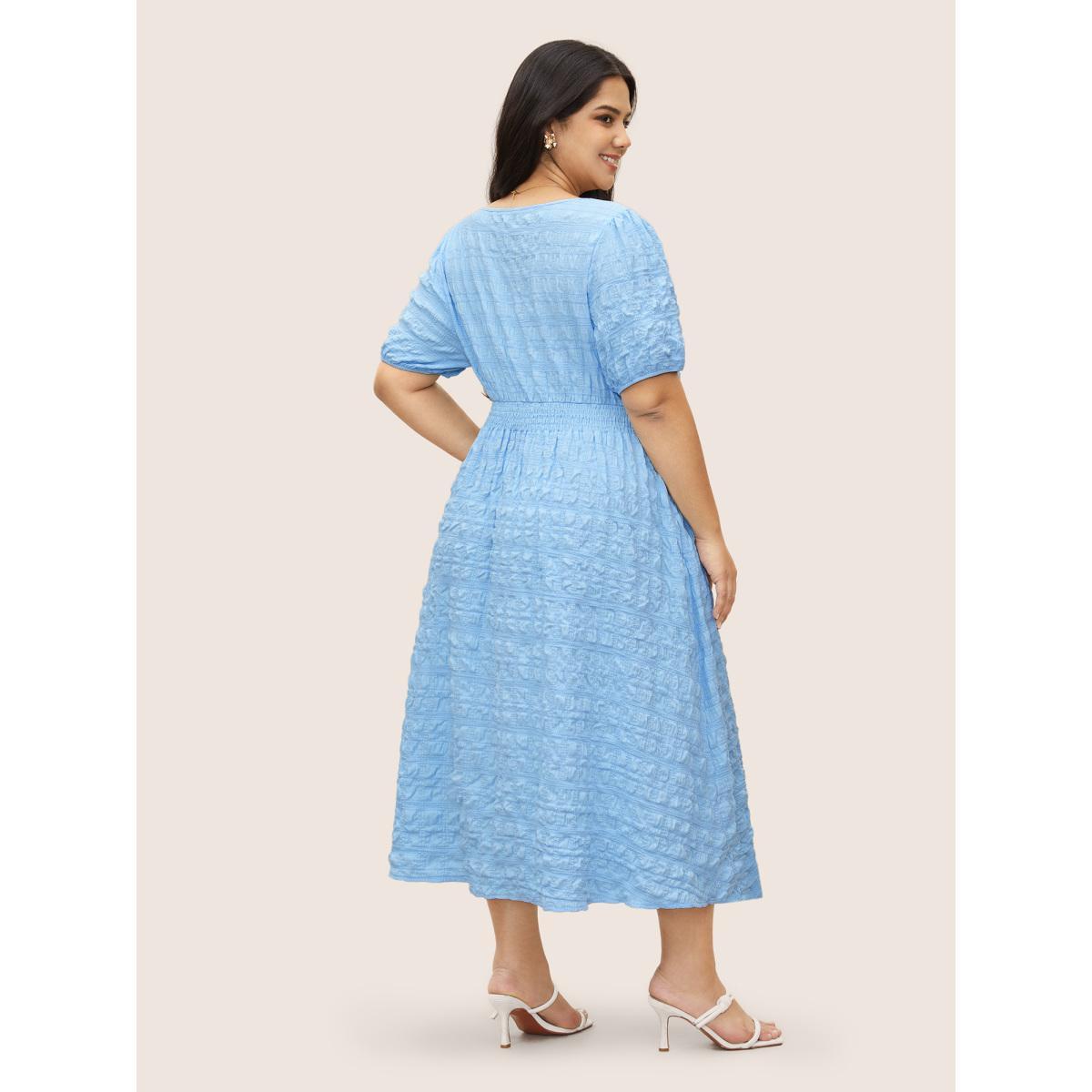 Plus Size Citrus Plain Texture Shirred Tie Knot Lantern Sleeve Dress LightBlue Women Elegant Tie knot Heart neckline Short sleeve Curvy Midi Dress BloomChic 28/5X Product Image
