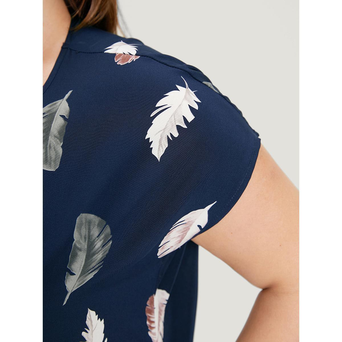 Plus Size Feather Print Keyhole Batwing Sleeve Bodysuit Women DarkBlue Feather Printed Bodysuits BloomChic 12/L Product Image