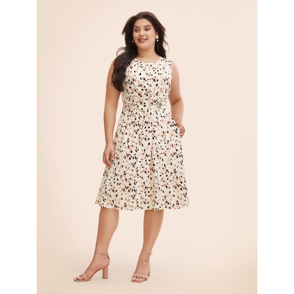 Plus Size Allover Print Pocket Flutter Crossover Ruched Tank Dress Apricot Women Elegant Twist Round Neck Sleeveless Curvy Midi Dress BloomChic 14-16/1X Product Image