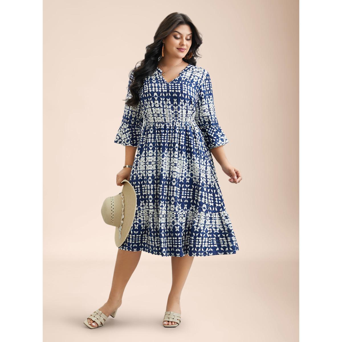 Plus Size Tie-Dye Notched Collar Ruffle Tiered Midi Dress Indigo Women Resort Ruffles Notched collar Elbow-length sleeve Curvy BloomChic 14-16/1X Product Image
