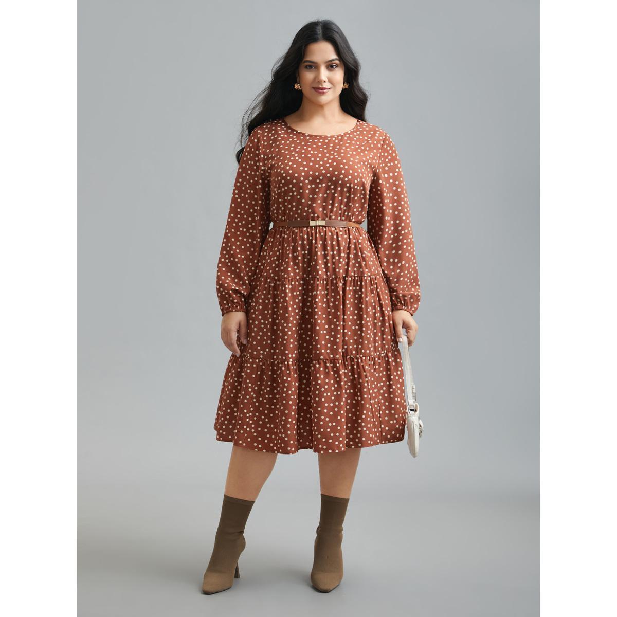 Plus Size Polka Dot Waist-Cinched Tiered Dress Rust Women At the Office Ruffles Round Neck Long Sleeve Curvy BloomChic 22-24/3X Product Image