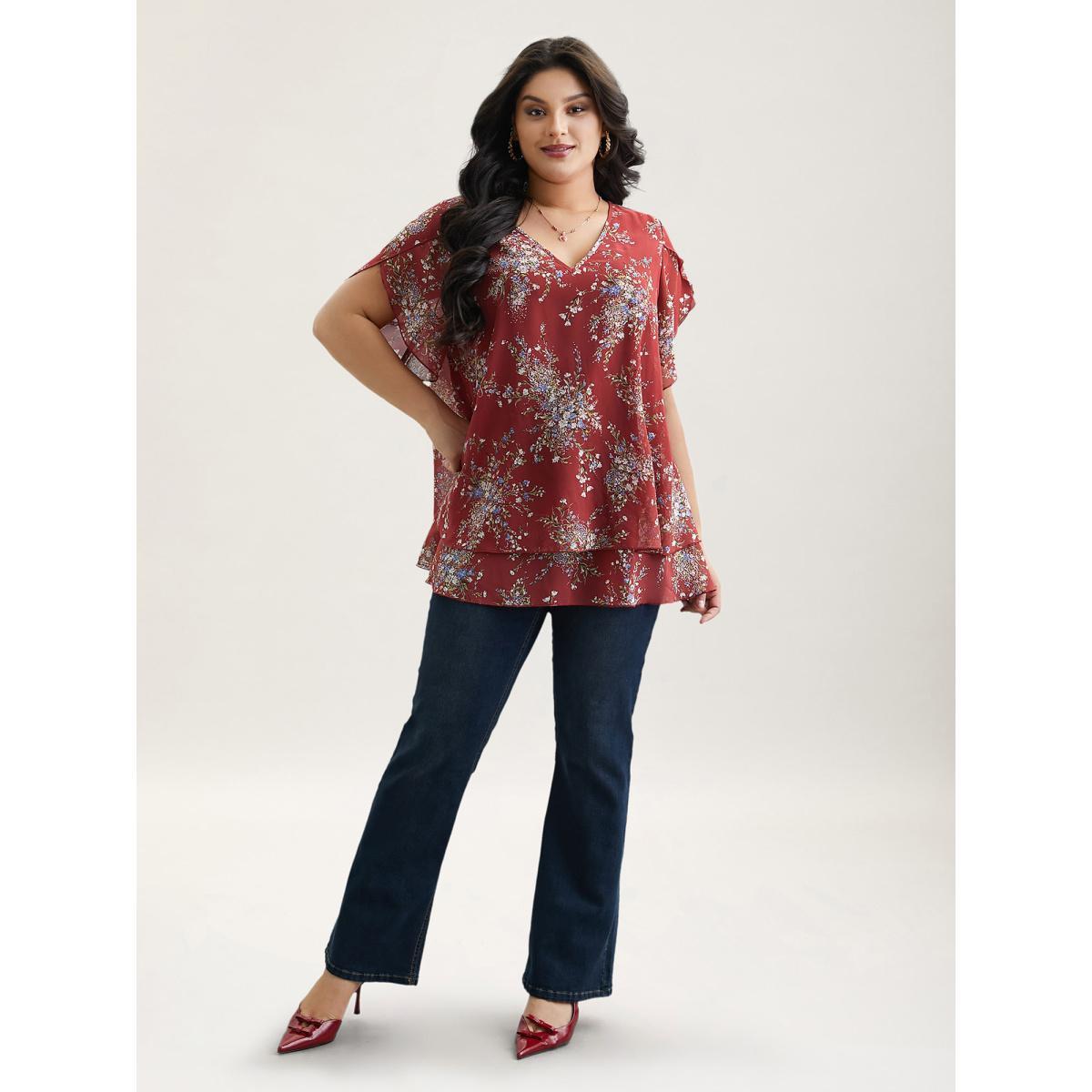 Plus Size Scarlet Floral Print Petal Sleeve Layered Blouse Women Elegant Half Sleeve V-neck Everyday Blouses BloomChic 30/6X Product Image