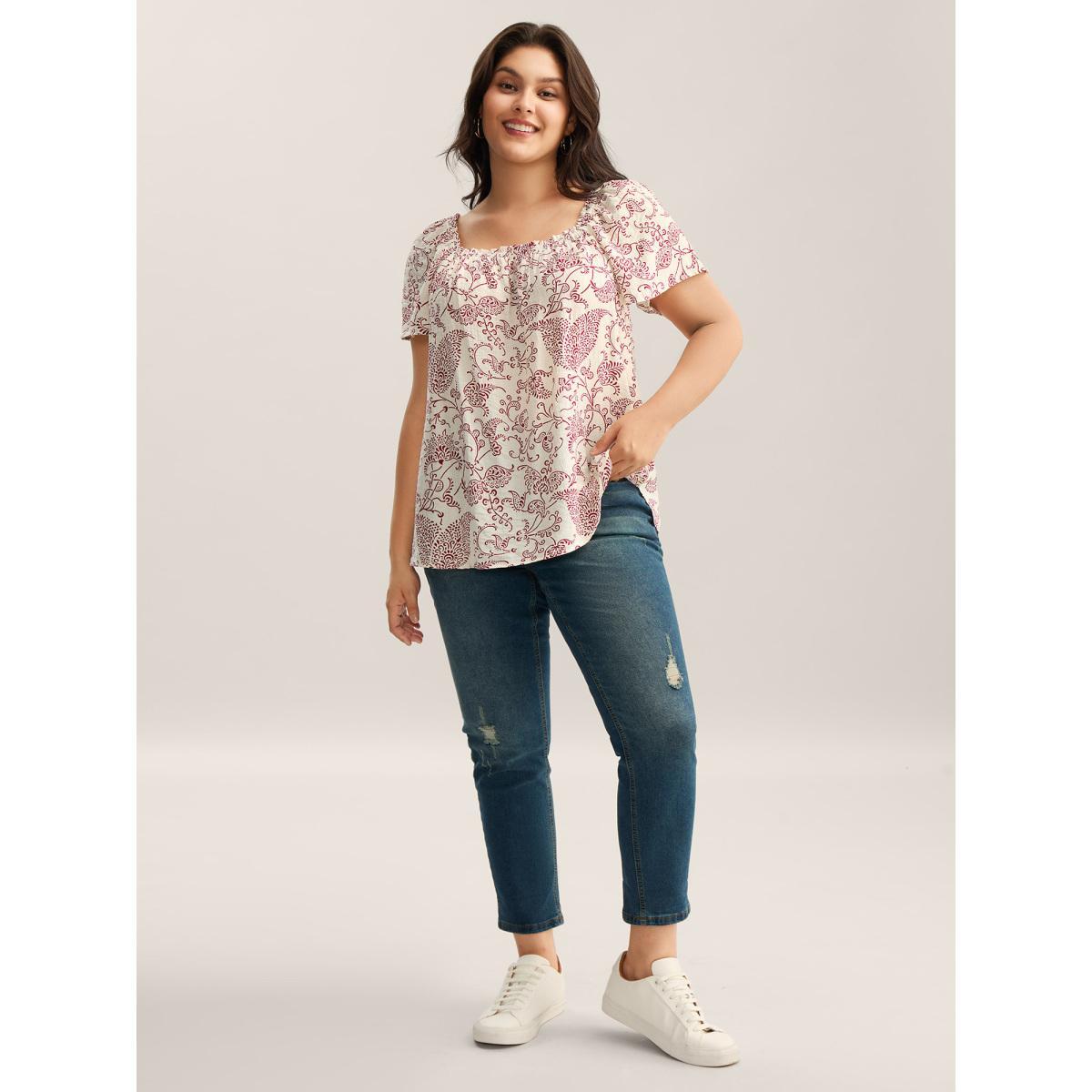 Plus Size Ivory Floral Print Shirred Neck Flowy Blouse Women Short sleeve Square Neck Vacation Blouses BloomChic 26/4X Product Image