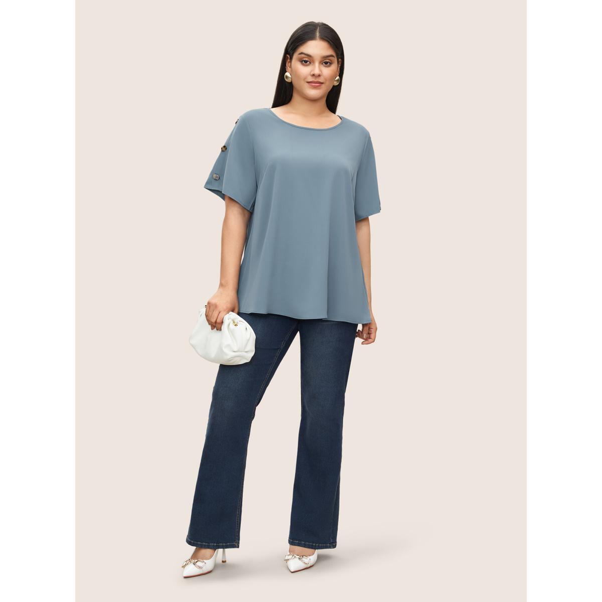 Plus Size Stone Plain Round Neck Button Detail Blouse Women Casual Short sleeve Round Neck Everyday Blouses BloomChic 30/6X Product Image