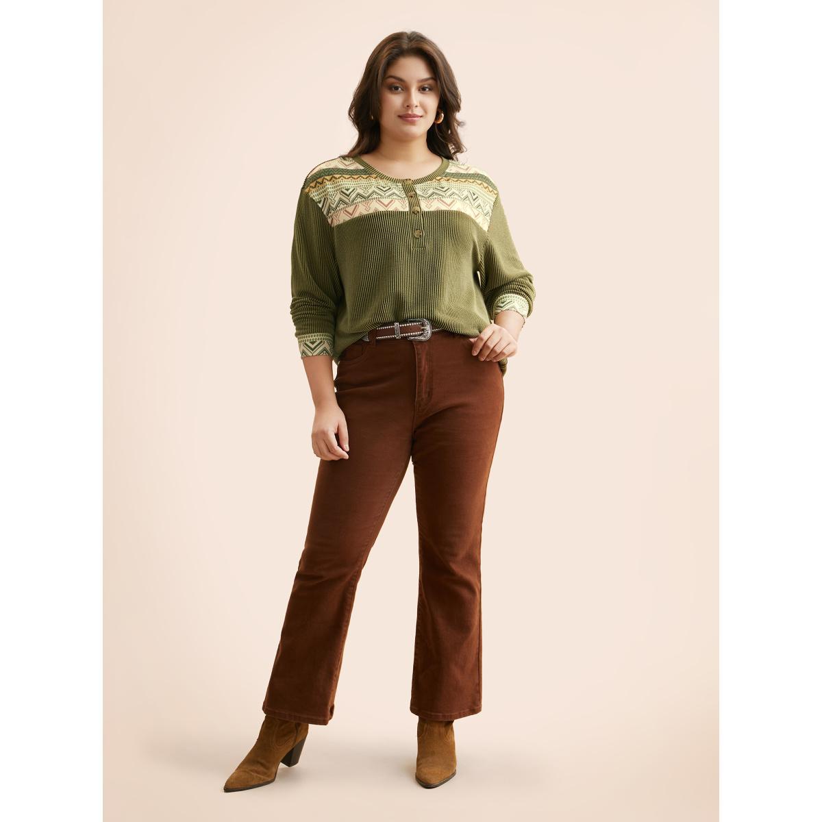 Plus Size Bandana Patchwork Button Up T-shirt ArmyGreen Women Casual Texture Round Neck Everyday T-shirts BloomChic 28/5X Product Image