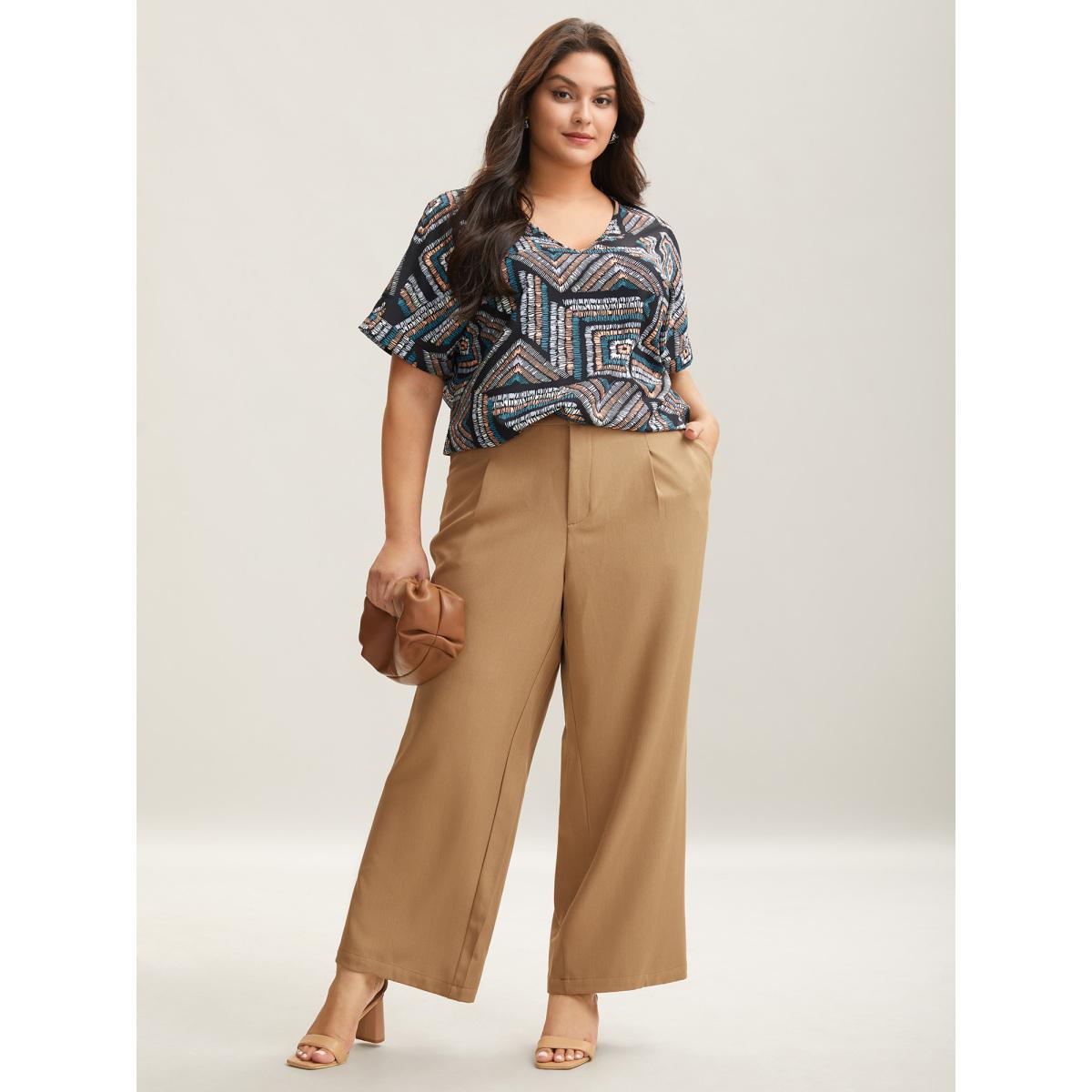 Plus Size Multicolor Geometric Print V-Neck Relaxed Fit Blouse Women At the Office Short sleeve V-neck Work Blouses BloomChic 12/L Product Image