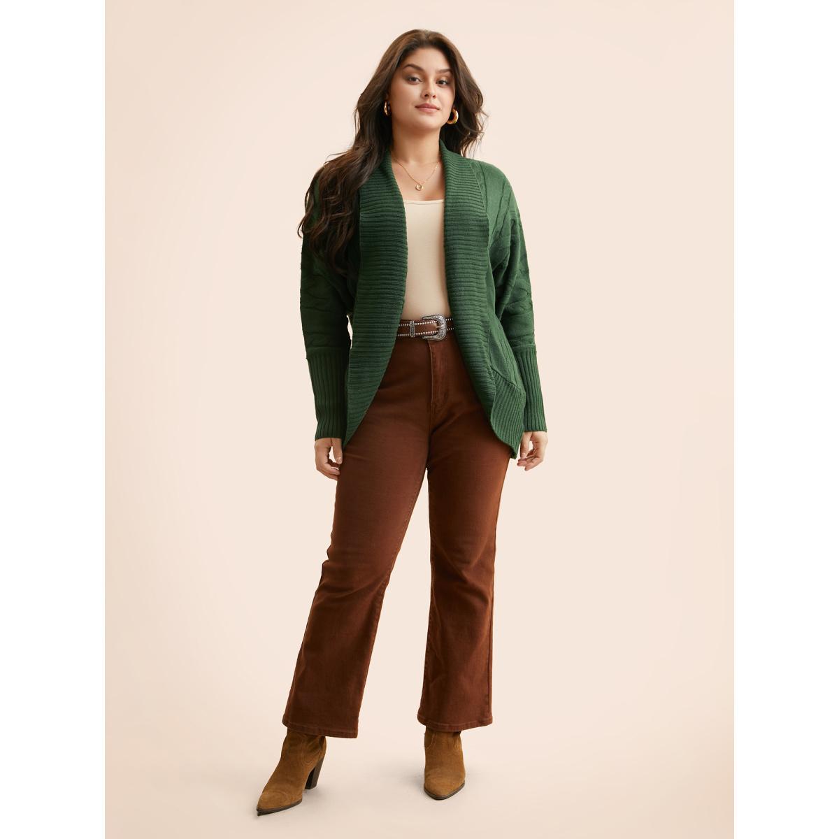 Plus Size Texture Cable Knit Dolman Sleeve Cardigan DarkGreen Women Casual Loose Long Sleeve Everyday Cardigans BloomChic 30/6X Product Image