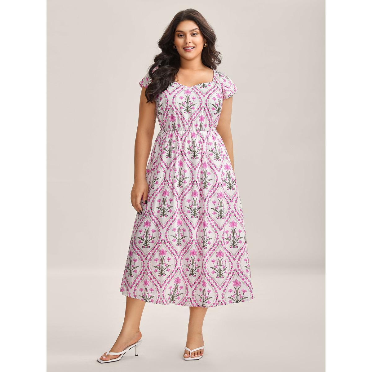 Plus Size Floral Print Pockets Midi Dress Lilac Women Heart neckline Cap Sleeve Curvy BloomChic 30/6X Product Image