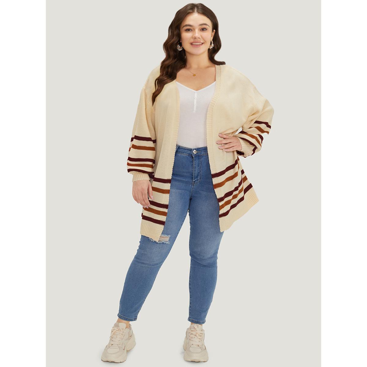 Plus Size Striped Contrast Open Front Cardigan Apricot Women Casual Loose Long Sleeve Dailywear Cardigans BloomChic 30/6X Product Image