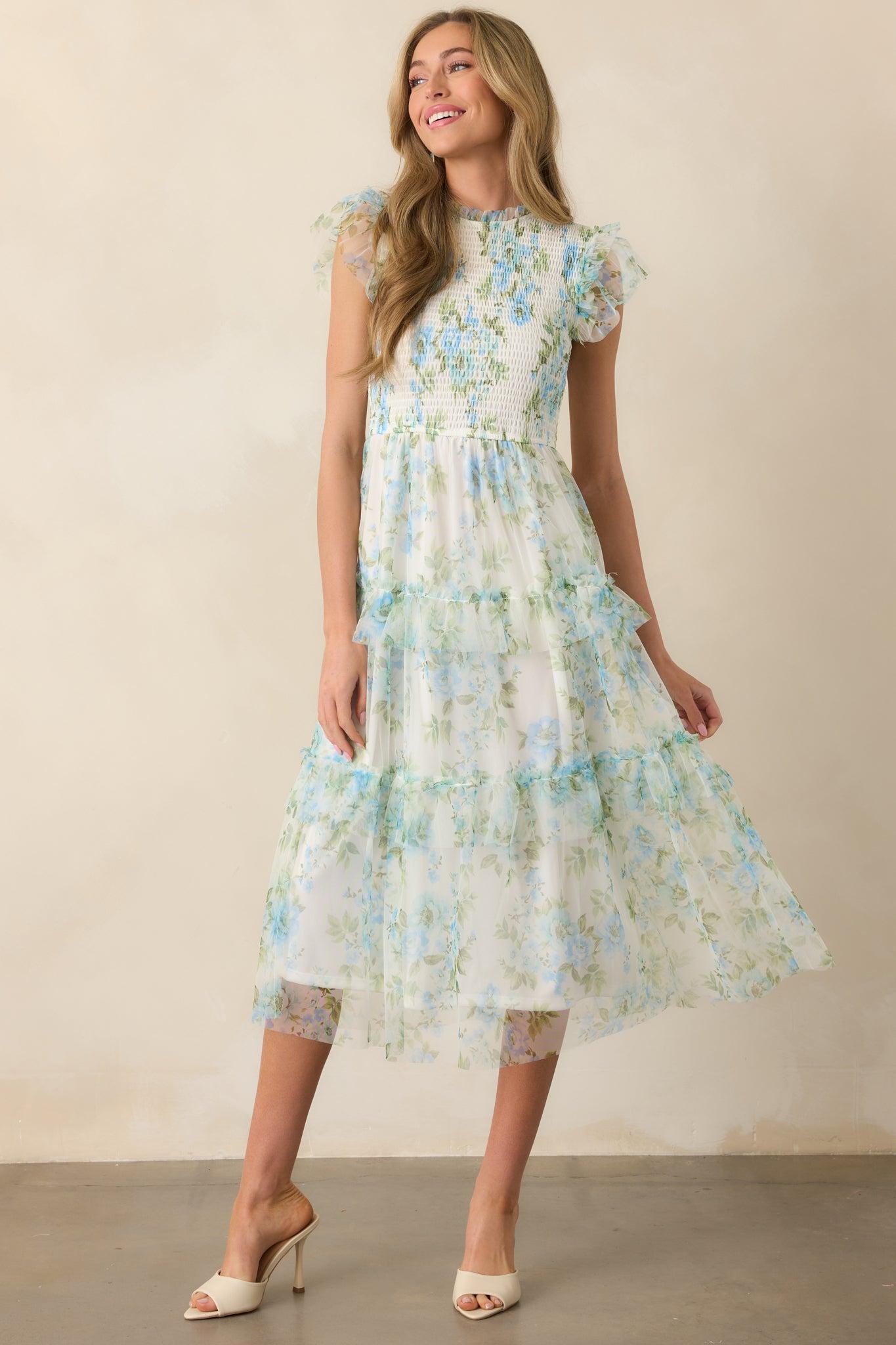 Sunrise Soiree Blue Floral Flutter Sleeve Midi Dress Product Image