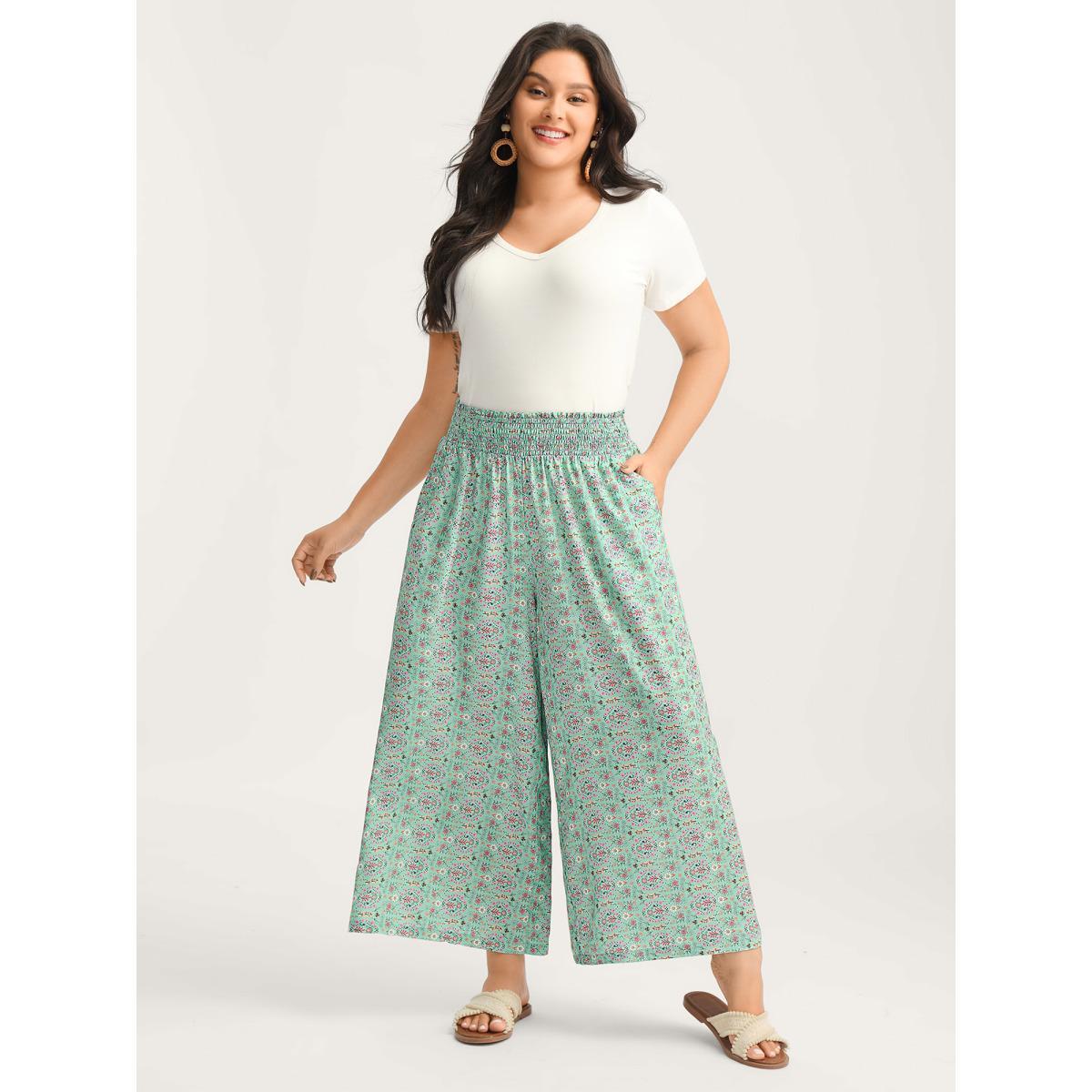 Plus Size Shirred Waist Floral Print Wide-Leg Pants Women Malachitegreen Beach Wide Leg Mid Rise Vacation Pants BloomChic 10/M Product Image