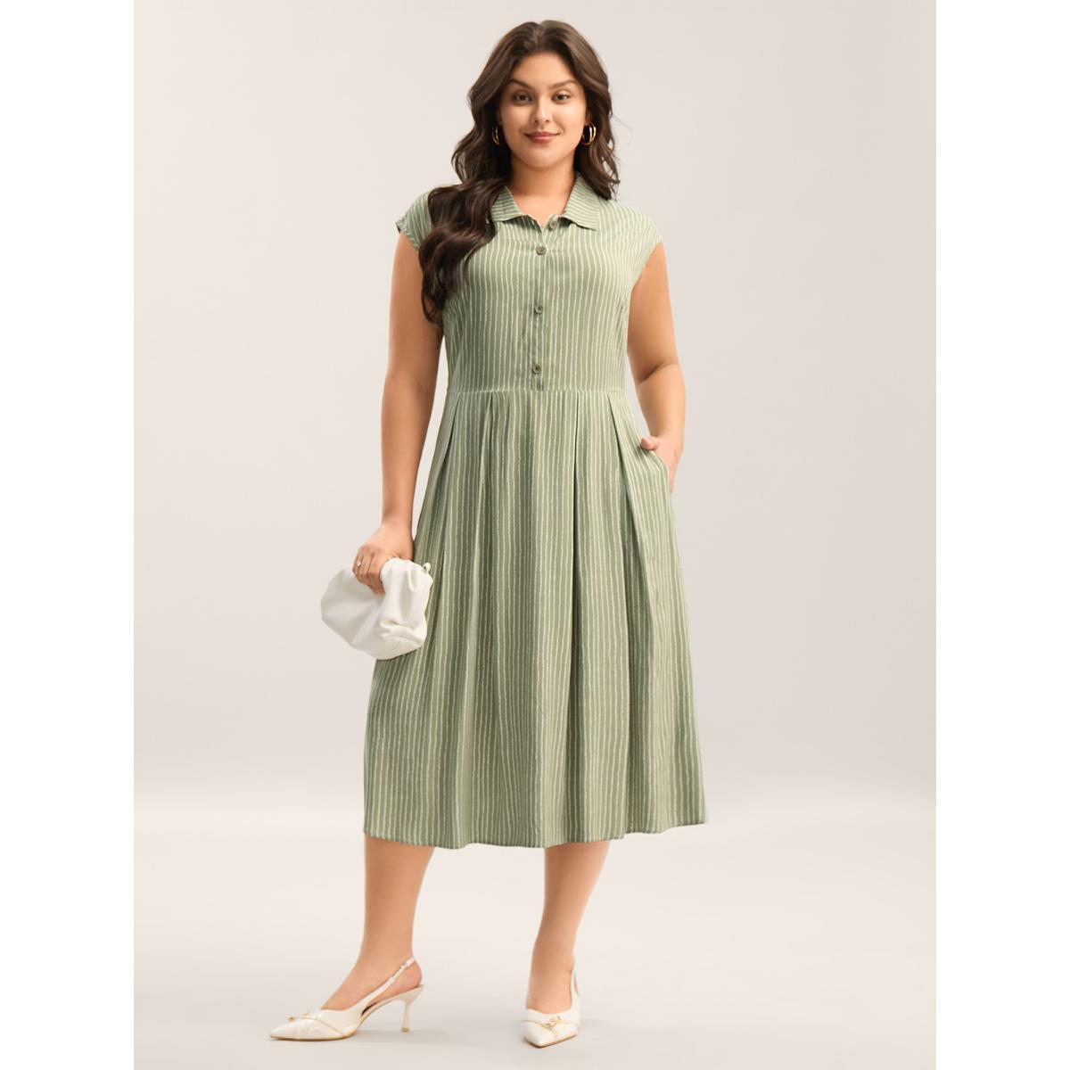 Plus Size Stripe Print Button Detail Collar Midi Dress Sage Women Shirt collar Cap Sleeve Curvy BloomChic 18-20/2X Product Image
