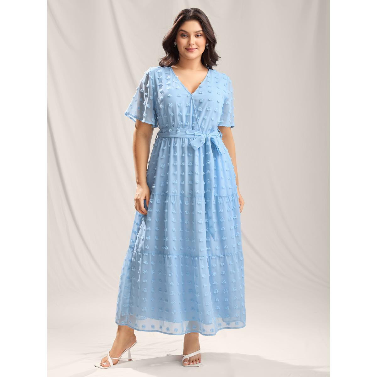 Plus Size Fur Ball Textured Mesh Belted Midi Dress Skyblue Women Overlap Collar Short sleeve Curvy BloomChic 14-16/1X Product Image