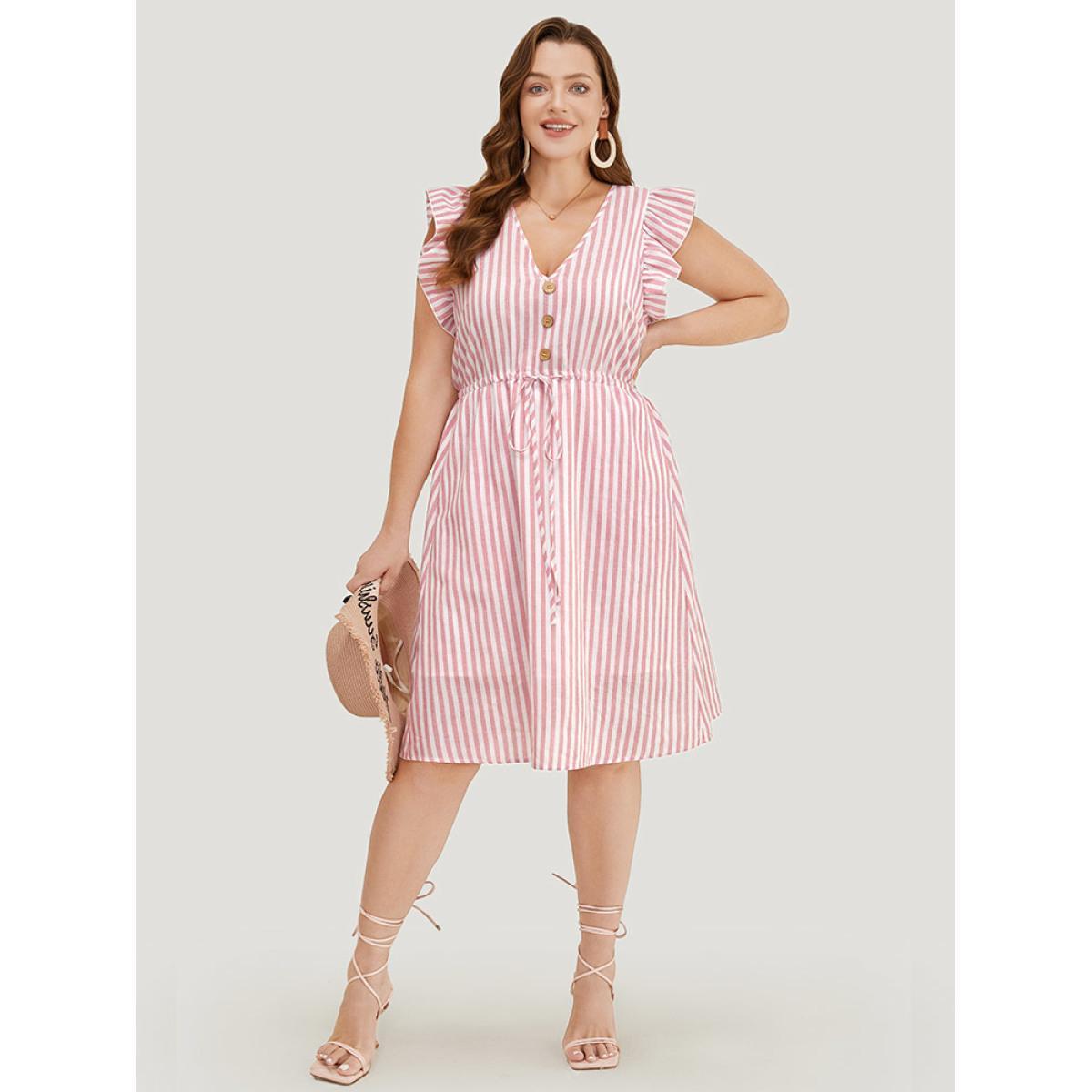 Plus Size Striped Print Button Detail Ruffle Trim Drawstring Dress Pink Women Vacation Drawstring V-neck Cap Sleeve Curvy Knee Dress BloomChic 26/4X Product Image