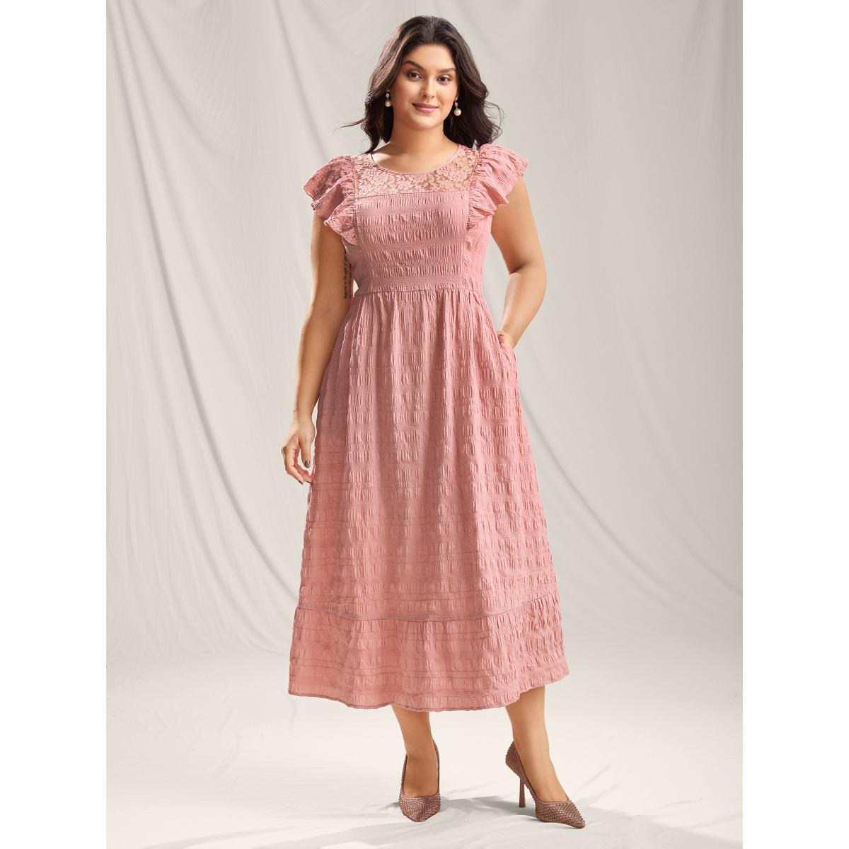 Plus Size Mesh Lace Neck Tiered Maxi Dress Salmon Women Round Neck Sleeveless Curvy BloomChic 12/L Product Image