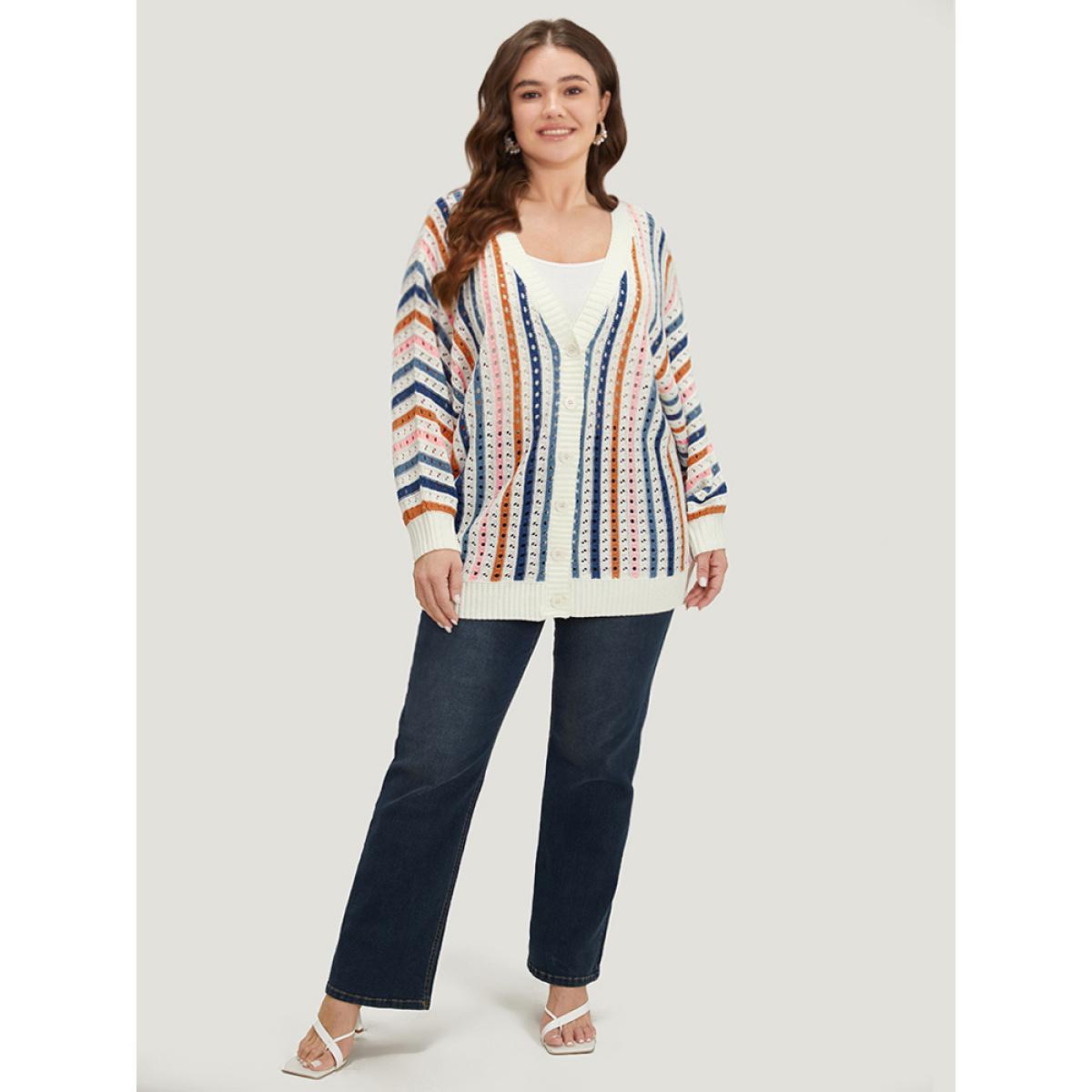 Plus Size Rainbow Striped Button Through Eyelet Cardigan Multicolor Women Casual Loose Long Sleeve Dailywear Cardigans BloomChic 14-16/1X Product Image