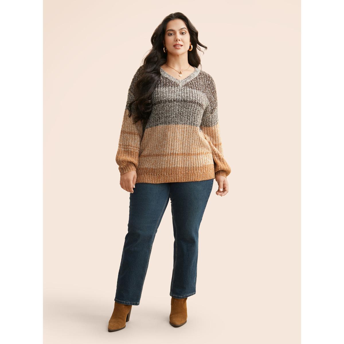 Plus Size Colorblock Contrast Puff Sleeve Pullover DarkBrown Women Casual Loose Long Sleeve V-neck Everyday Pullovers BloomChic 30/6X Product Image