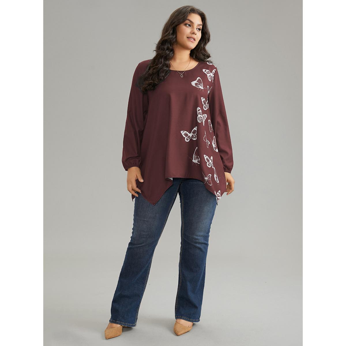 Plus Size Scarlet Butterfly Crew Neck Lantern Sleeve Hanky Hem Blouse Women Elegant Long Sleeve Round Neck Work Blouses BloomChic 12/L Product Image