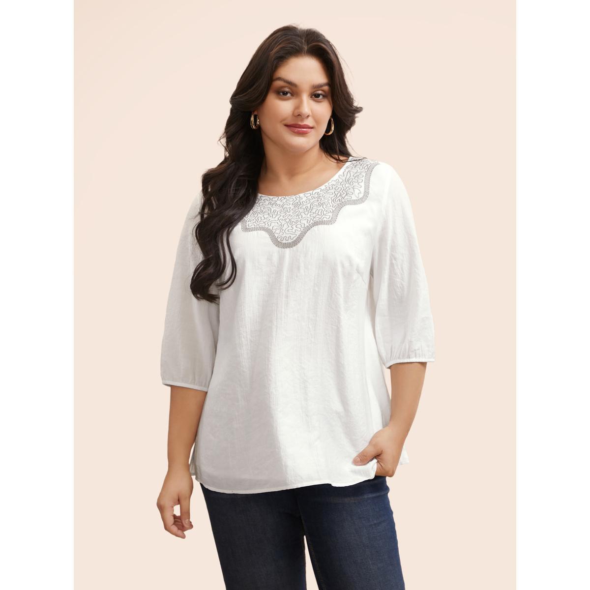 Plus Size WhiteSmoke Crew Neck Floral Embroidered Gathered Blouse Women Elegant Elbow-length sleeve Round Neck Everyday Blouses BloomChic 22-24/3X Product Image