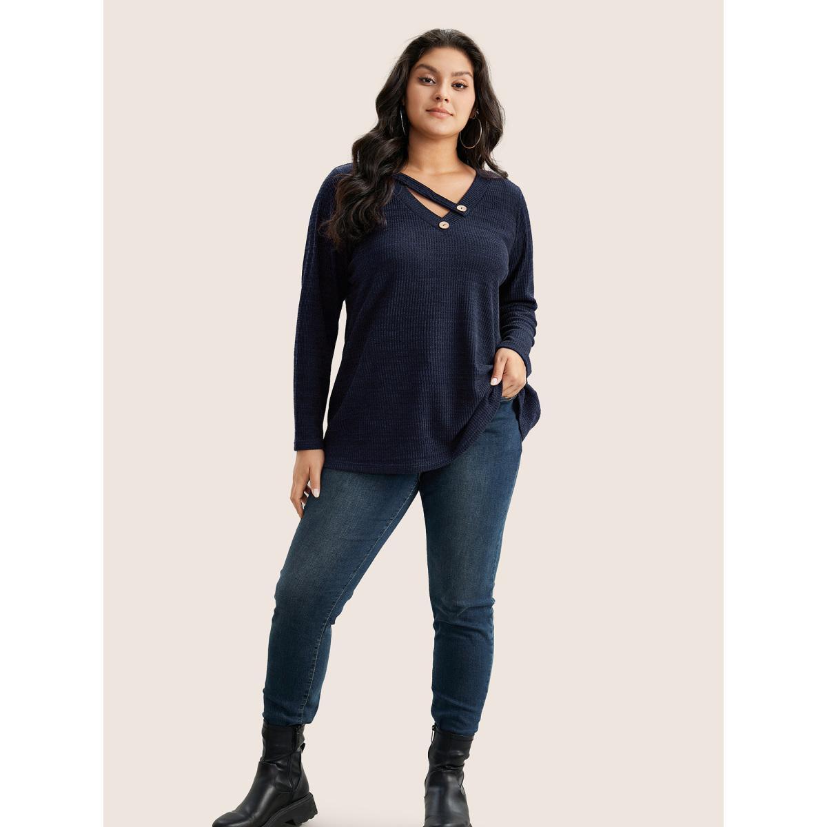 Plus Size Solid Rib Knit Button Detail T-shirt Blue Women Casual Non Plain V-neck Everyday T-shirts BloomChic 10/M Product Image
