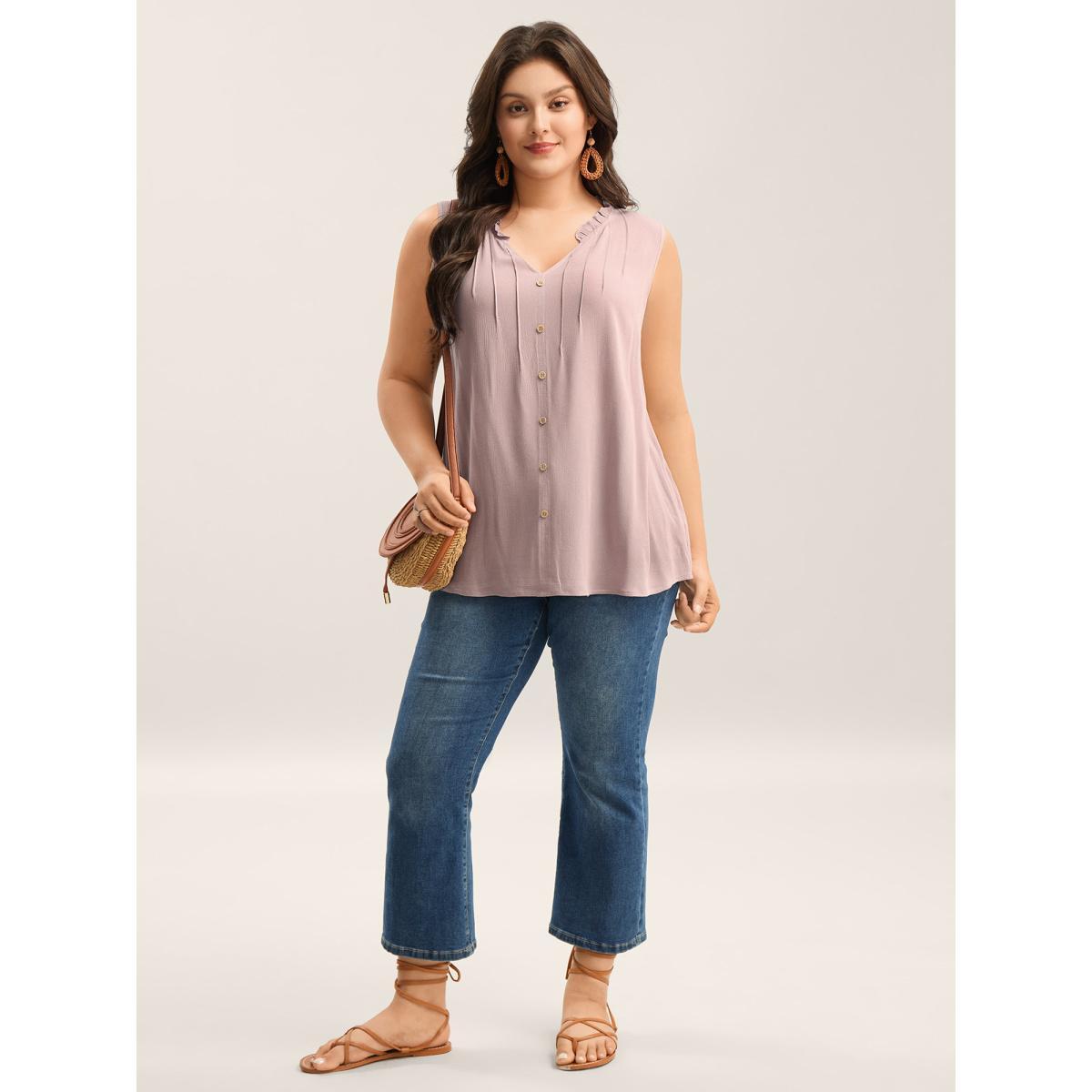 Plus Size Toothpick Pleat Button Detail Sleeveless Top Women Lilac Tucked seam Notched collar Vacation Tank Tops Camis BloomChic 30/6X Product Image
