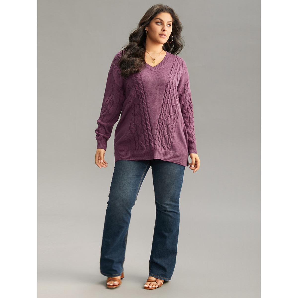 Plus Size Solid Cable Knit V Neck Split Side Pullover Mauve Women Casual Loose Long Sleeve V-neck Everyday Pullovers BloomChic 22-24/3X Product Image