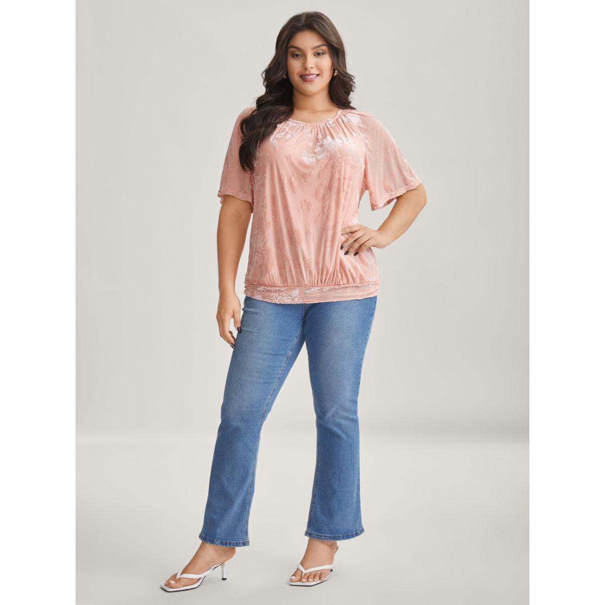 Plus Size Textured Stretchy Sheer Crew Neck T-Shirt Crepe Women Texture Round Neck Loose Everyday-Elegant T-shirts BloomChic 18-20/2X Product Image