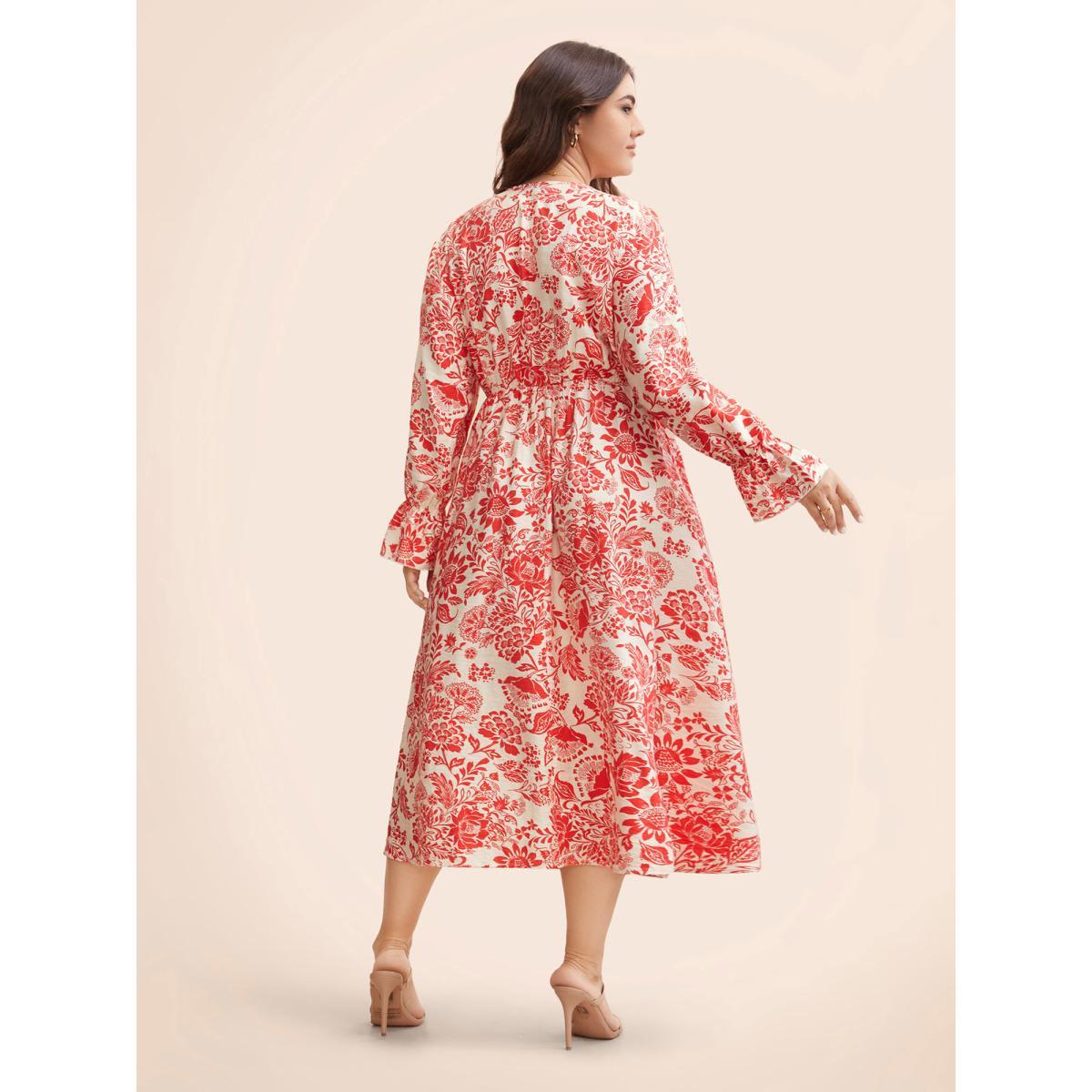 Plus Size Floral Lantern Sleeve Ruffle Trim Dress Crimson Women Elegant Ruffles V-neck Long Sleeve Curvy BloomChic 22-24/3X Product Image