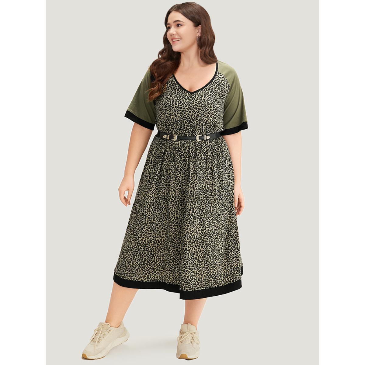 Plus Size Leopard Print Pocket Patchwork Gathered Contrast Trim Dress ArmyGreen Women Casual Gathered V-neck Half Sleeve Curvy Midi Dress BloomChic 18-20/2X Product Image