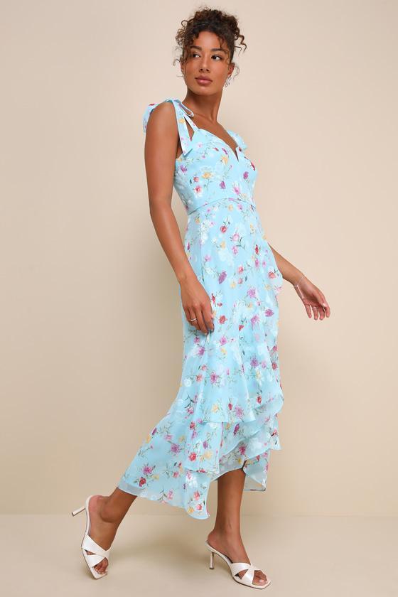 So Elevated Blue Floral Jacquard Tie-Strap High-Low Midi Dress Product Image