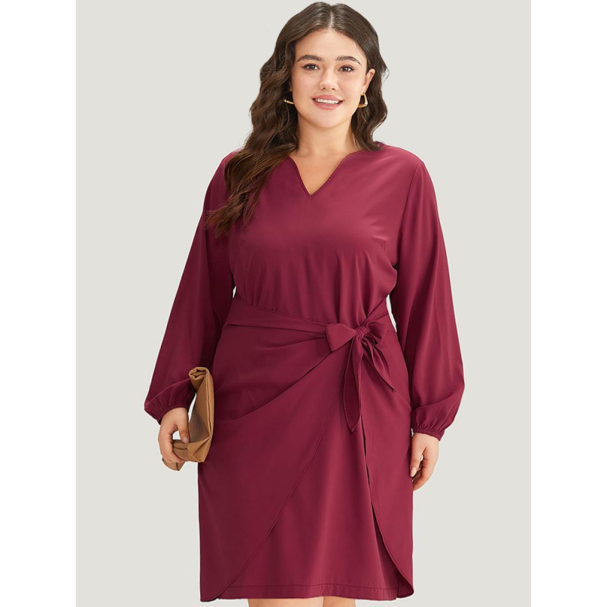 Plus Size Anti-Wrinkle Solid Ties Lantern Sleeve Dress Scarlet Women Office Elastic cuffs Notched collar Long Sleeve Curvy Knee Dress BloomChic 28/5X Product Image
