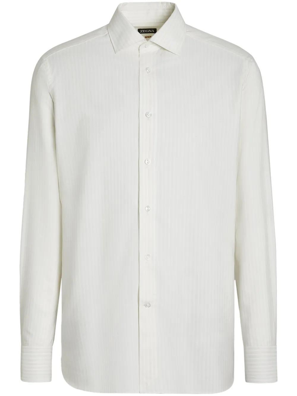 ZEGNA White And Light Beige Macro-striped Silk Cotton And Cashmere Shirt In White/light Beige Product Image