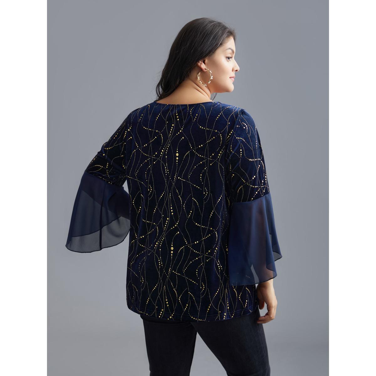 Plus Size Indigo Velvet Glitter Mesh Bell Sleeve Patchwork Blouse Women Cocktail Elbow-length sleeve Round Neck Party Blouses BloomChic 26/4X Product Image