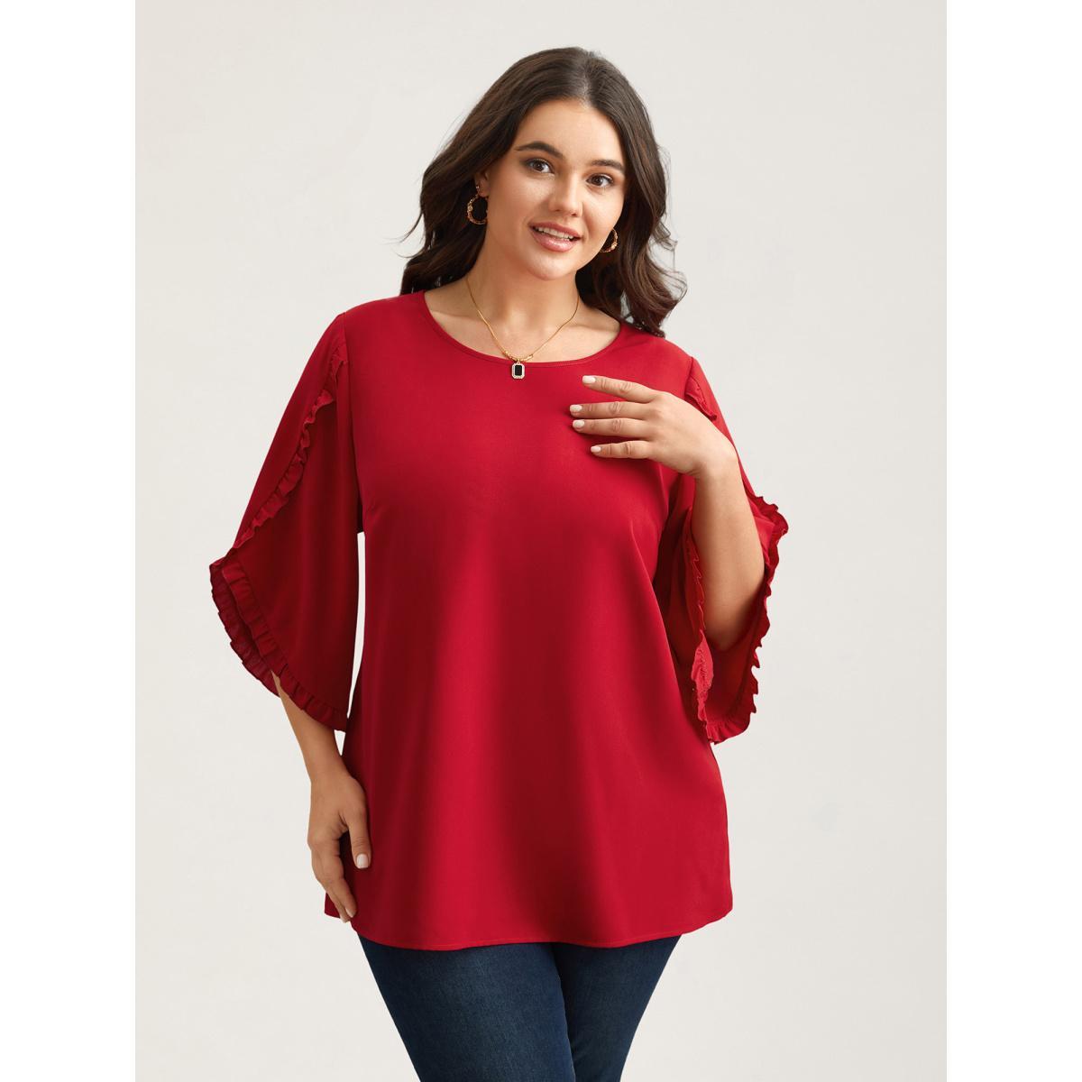 Plus Size Crimson Ruffled Bud Sleeve Round Neck Shirt Women Elegant Elbow-length sleeve Round Neck Everyday Blouses BloomChic 14-16/1X Product Image