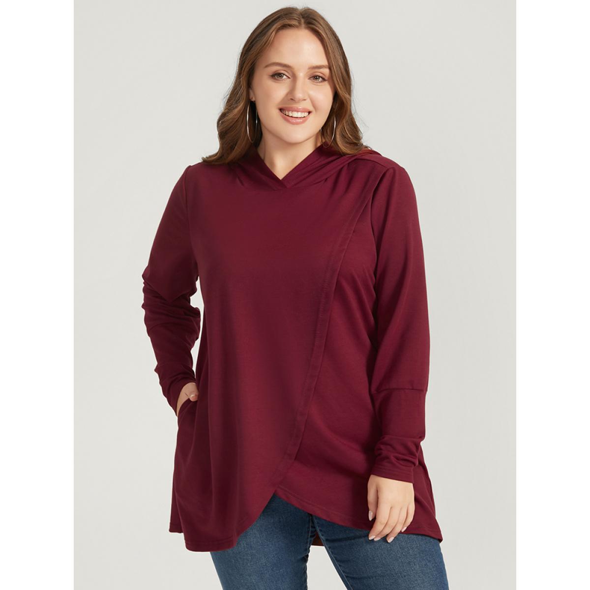 Plus Size Solid Pocket High Low Hem Hooded Sweatshirt Women Burgundy Casual Pocket Hooded Dailywear Sweatshirts BloomChic 14-16/1X Product Image