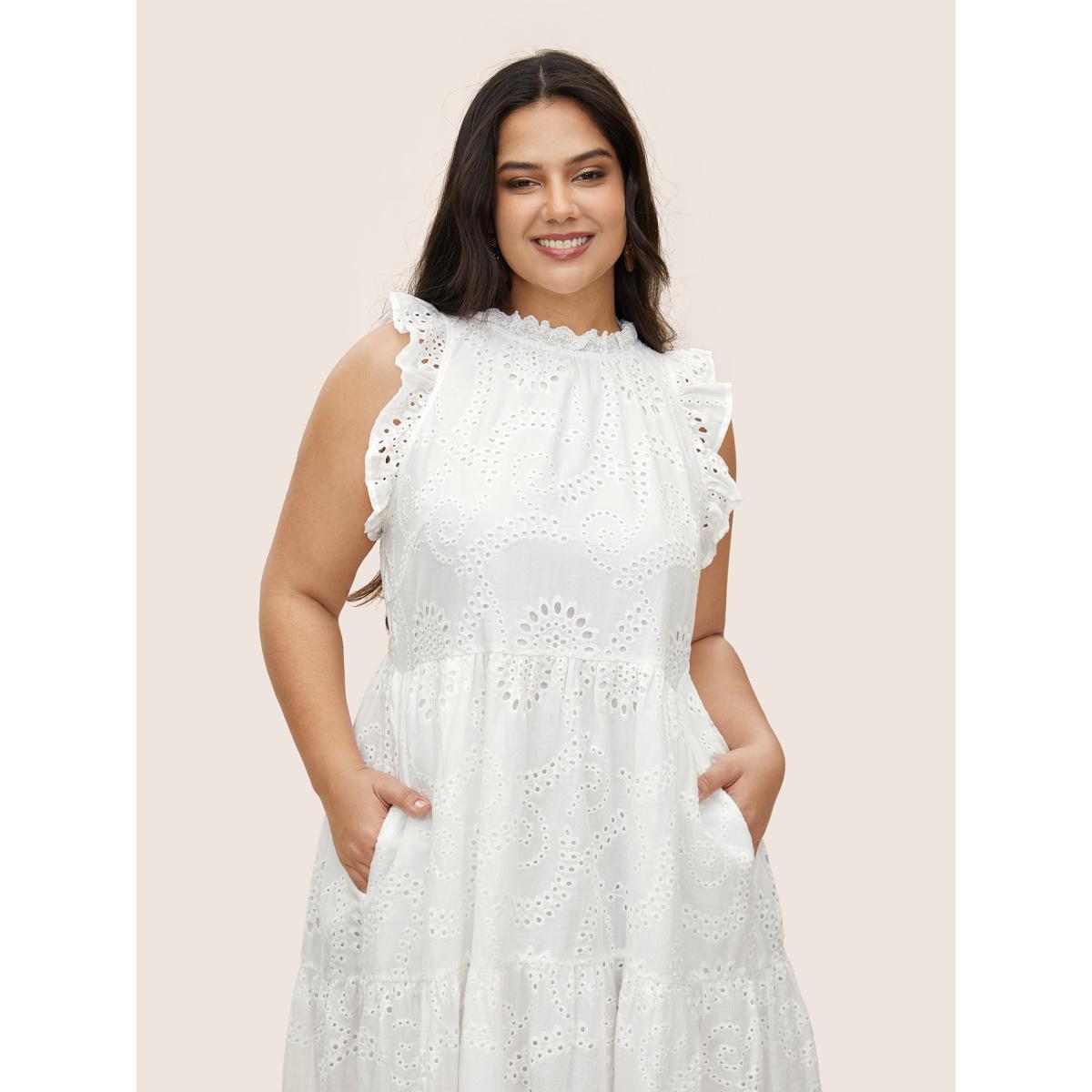 Plus Size Mock Neck Broderie Anglaise Ruffle Trim Dress White Women Resort Patchwork Round Neck Cap Sleeve Curvy Midi Dress BloomChic 12/L Product Image
