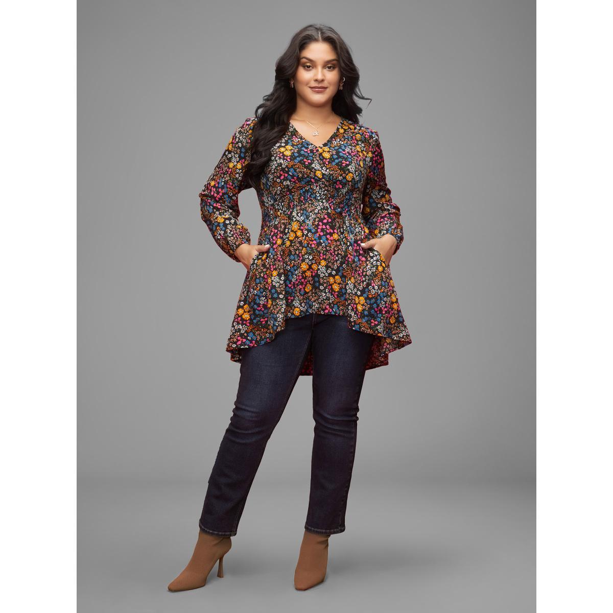 Plus Size Black Floral Smocked Waistline Surplice Neck Blouse Women Elegant Long Sleeve Overlap Collar Everyday Blouses BloomChic 10/M Product Image