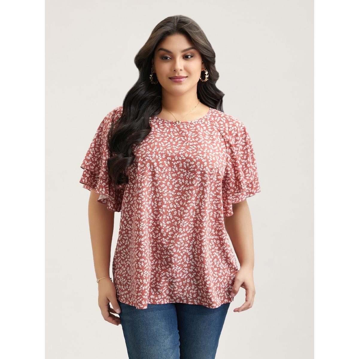 Plus Size Rouge Ditsy Floral Print Tiered Lotus Leaf Sleeve Shirt Women Elegant Short sleeve Round Neck Everyday Blouses BloomChic 18-20/2X Product Image