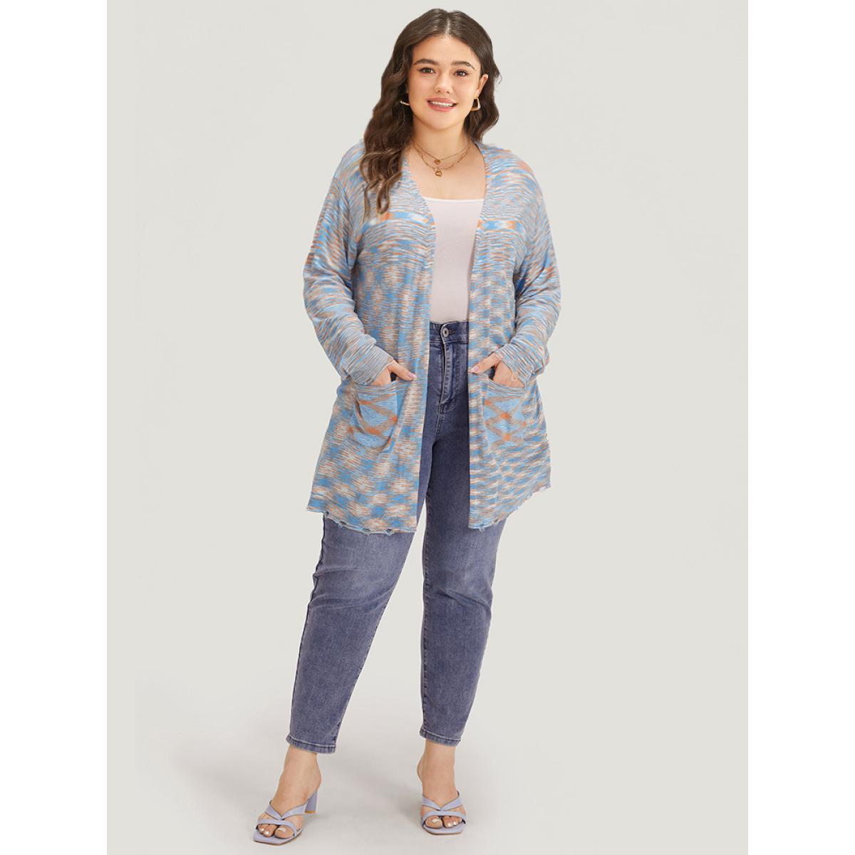 Plus Size Ombre Pocket Open Front Ripped Hem Cardigan Multicolor Women Casual Loose Long Sleeve Everyday Cardigans BloomChic 26/4X Product Image