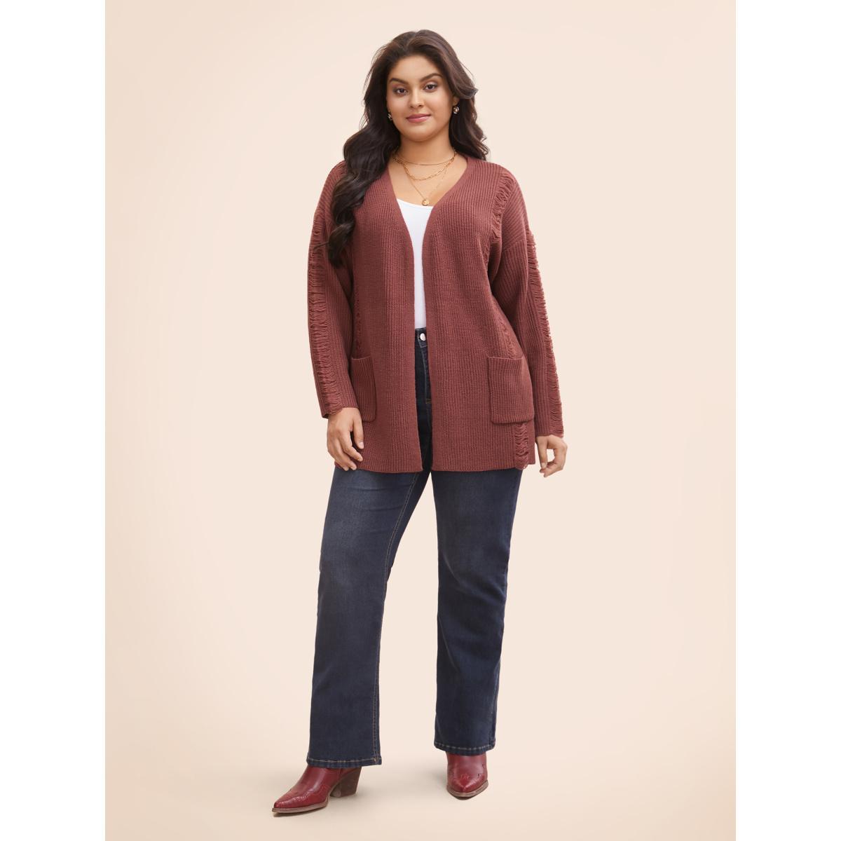 Plus Size Floating Lines Pockets Open Cardigan Burgundy Women Casual Long Sleeve Everyday Cardigans BloomChic 18-20/2X Product Image