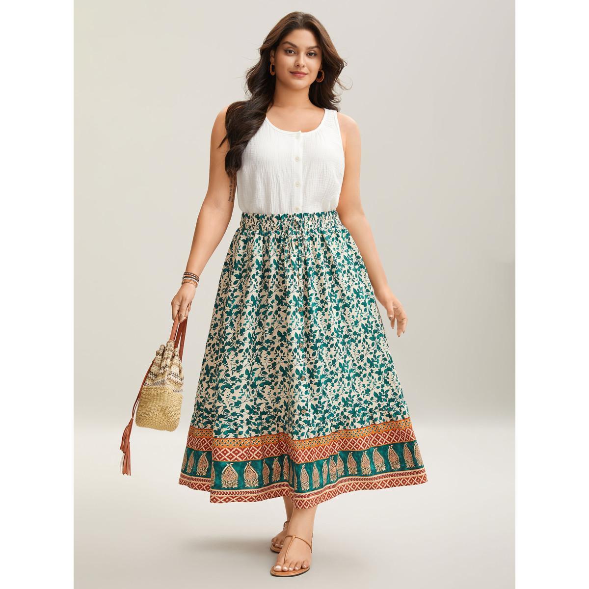 Plus Size Stretchy Waist Boho Print Tied Midi Skirt Women Turquoise Elegant Drawstring Bodycon Low stretch Slanted pocket Everyday Skirts BloomChic 22-24/3X Product Image