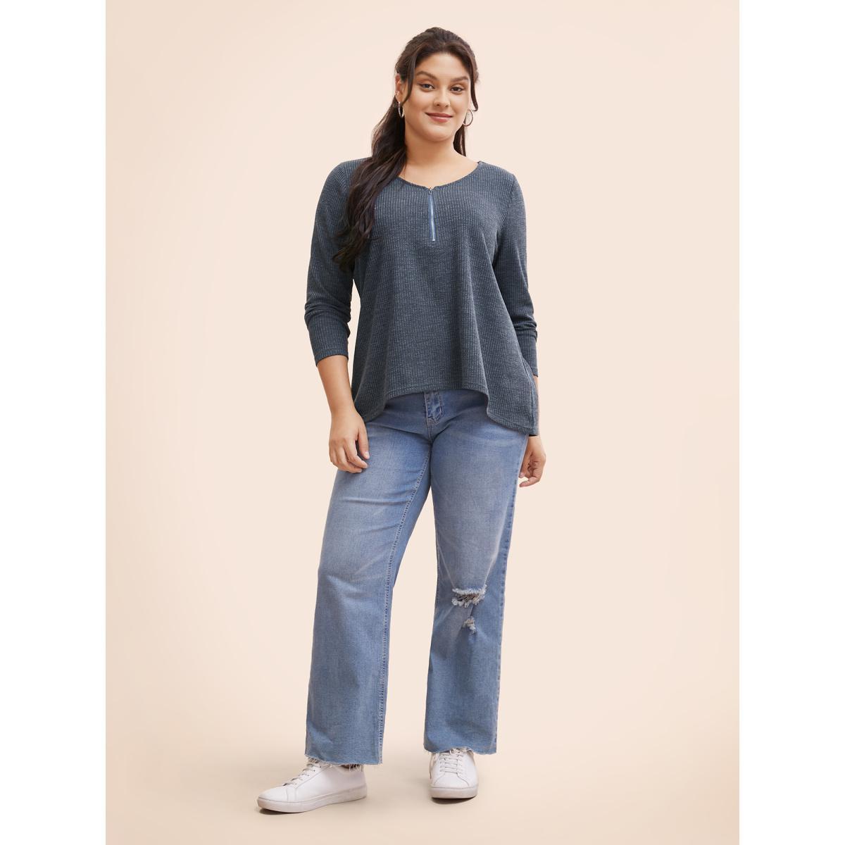 Plus Size Rib Knit Half Zip High Low Hem T-shirt Navy Women Casual Texture V-neck Everyday T-shirts BloomChic 18-20/2X Product Image